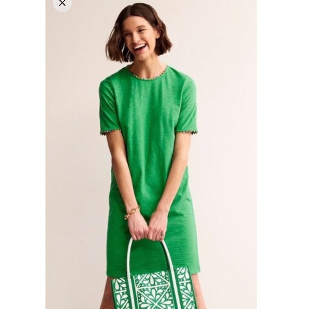 Boden Green Slub Cotton Pom Pom Trim Shift Dress Size US 2R UK 6R